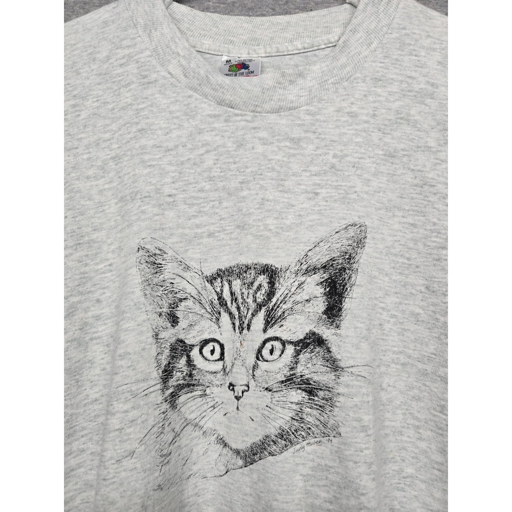 Vintage 90s Fruit of the Loom Cat Sketch T-Shirt Gray Single Stitch Medium